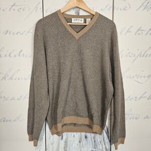 Orvis Mens M 100% Cashmere V-Neck Sweater Brown Herringbone Chevron Knit 7796